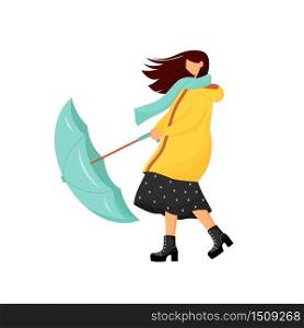 Woman with umbrella at storm flat color vector faceless character. Rainy autumn outfit for female. Raincoat for outdoor walk in cold season. Windy weather isolated cartoon illustration