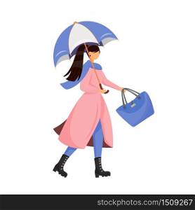 Woman with umbrella flat color vector faceless character. Female fashion for autumn season. Person in raincoat and boots. Trendy casual fall garment. Rain autumn weather isolated cartoon illustration