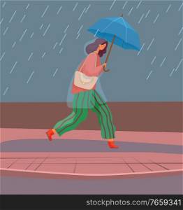 Woman with umbrella under autumn rain walking on puddles vector. Rainfall and fall weather, girl in raincoat with parasol, seasonal forecast changes. Person and outdoor activity illustration. Girl in Rain with Umbrella, Autumn Rainy Weather