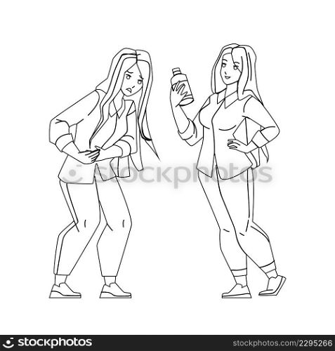 Woman With Upset Stomach And Treatment Black Line Pencil Drawing Vector. Young Girl With Upset Stomach And Nausea Drinking Water Or Painkiller Medicament. Character With Health Problem Illustration. Woman With Upset Stomach And Treatment Vector