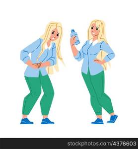 Woman With Upset Stomach And Treatment Vector. Young Girl With Upset Stomach And Nausea Drinking Water Or Painkiller Medicament. Character With Health Problem Flat Cartoon Illustration. Woman With Upset Stomach And Treatment Vector