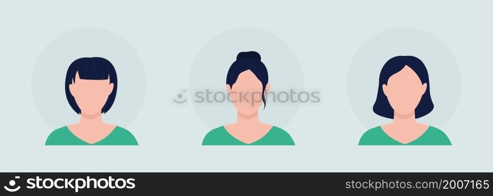 Woman with various hairdos semi flat color vector character avatar set. Casual style. Portrait from front view. Isolated modern cartoon style illustration for graphic design and animation pack. Woman with various hairdos semi flat color vector character avatar set