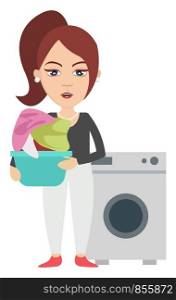 Woman with washing machine, illustration, vector on white background.