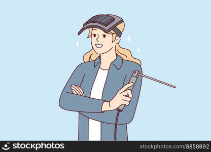 Woman with welding machine and mask protecting eyes stands with arms crossed and looks forward smiling. Professional girl welder working in industrial plant or in car workshop. Flat vector design. Woman with welding machine and mask protecting eyes stands with arms crossed. Vector image