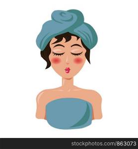 Woman with wet hair wrapped in soft towels ready to spa procedures portrait. Female character with closed eyes rest and relaxes isolated cartoon flat vector illustration on white background.. Woman in towels ready to spa procedures portrait