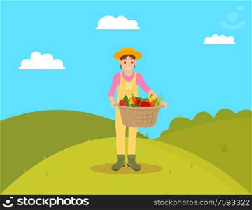 Woman with wicker basket full of vegetables. Harvested veggies tomatoes and peppers, carrots and onion. Farmer standing on plantation hill vector. Woman with Wicker Pannier Vector Illustration