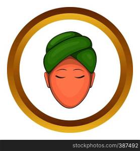 Woman with yellow towel on her head vector icon in golden circle, cartoon style isolated on white background. Woman with green towel on her head vector icon