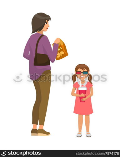 Woman with young daughter going to watch movies vector. Film theatre visiting, woman holding handbag and kid wearing 3d glasses holding drink soda. Woman with Young Daughter Going to Watch Movies