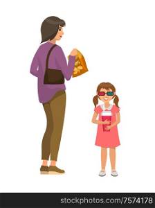 Woman with young daughter going to watch movies vector. Film theatre visiting, woman holding handbag and kid wearing 3d glasses holding drink soda. Woman with Young Daughter Going to Watch Movies