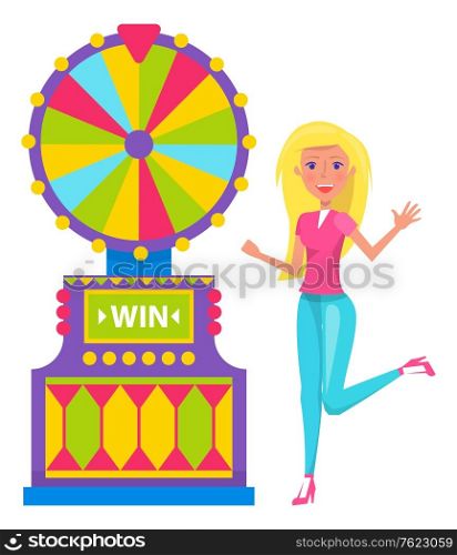 Woman won money in casino vector, isolated lady happy gambler blonde female character. Winner standing by slot machine showing segments and pointer. Flat cartoon. Woman Gambling in Casino, Slot Machine Winning