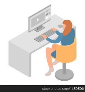 Woman work at computer icon. Isometric of woman work at computer vector icon for web design isolated on white background. Woman work at computer icon, isometric style