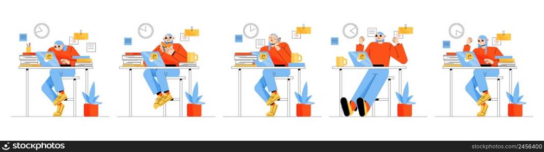 Woman work on laptop at home. Vector set of flat illustrations of girl freelancer emotions. Office employee sleeping, eating, happy, angry, and busy. Concept of online business, freelance. Woman work on laptop in office or at home