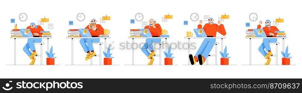 Woman work on laptop at home. Vector set of flat illustrations of girl freelancer emotions. Office employee sleeping, eating, happy, angry, and busy. Concept of online business, freelance. Woman work on laptop in office or at home