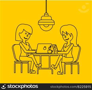 Woman work with laptop and smartphone. Woman and work, business woman work with smartphone, work with laptop, business phone, work technology mobile, working businesswoman with device illustration
