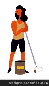 Woman worker in process of repairing room of people vector. Lady holding long air roller, standing by bucket with paint. Painting and decorating work of female, renovation of home decor and walls. Woman worker in process of repairing room of people