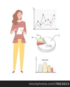 Woman worker vector, infocharts and information in visual representation on screen, pie diagram with explanation and numeric data segment flat style. Woman Working on Business Project with Infocharts