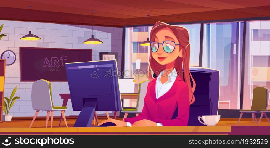 Woman working at loft office or coworking place sitting at desk with computer and cup of coffee. Girl develop art project at workplace with of wide floor-to-ceiling window. Cartoon vector illustration. Woman working at loft office or coworking place