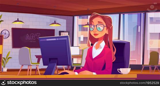 Woman working at loft office or coworking place sitting at desk with computer and cup of coffee. Girl develop art project at workplace with of wide floor-to-ceiling window. Cartoon vector illustration. Woman working at loft office or coworking place