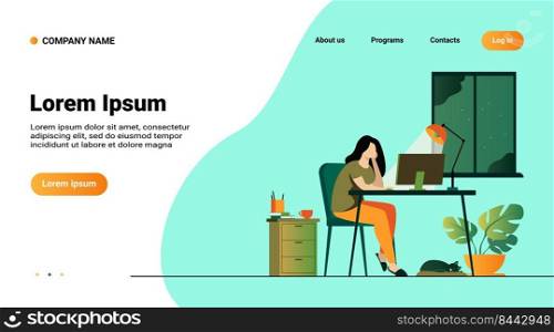 Woman working at night in home office isolated flat vector illustration. Cartoon female student learning via computer or designer late at work. Workplace and sleepless concept