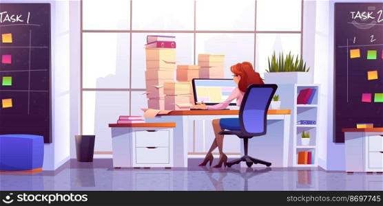 Woman working at office sitting at desk with computer and piles of paper documents