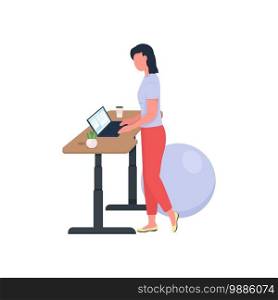 Woman working at standing desk flat color vector faceless character. Healthy lifestyle for employee. Workout at workplace isolated cartoon illustration for web graphic design and animation. Woman working at standing desk flat color vector faceless character