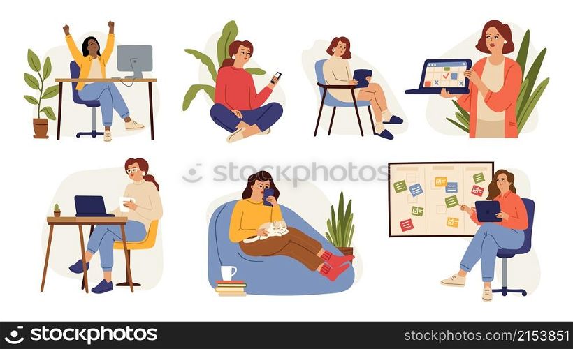 Woman working, female education. Young girl use laptop and smartphone. Diverse women with gadgets vector set. Illustration girl with laptop, woman work or education. Woman working, female education. Young girl use laptop and smartphone. Diverse women with gadgets vector set