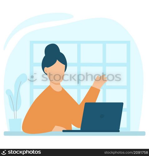 Woman working from home,home office concept. Cute vector illustration in flat style.. Woman working from home,home office concept.Vector illustration in flat style.