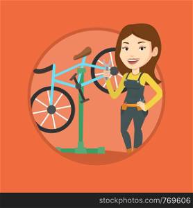 Woman working in bike workshop. Technician fixing bicycle. Bicycle mechanic repairing bicycle and installing spare part bike. Vector flat design illustration in the circle isolated on background.. Caucasian bicycle mechanic working in repair shop.