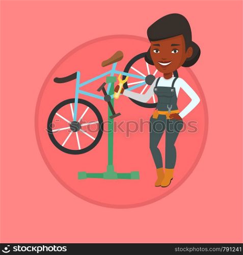Woman working in bike workshop. Technician fixing bicycle. Bicycle mechanic repairing bicycle and installing spare part bike. Vector flat design illustration in the circle isolated on background.. African bicycle mechanic working in repair shop.