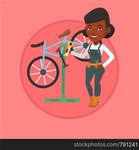 Woman working in bike workshop. Technician fixing bicycle. Bicycle mechanic repairing bicycle and installing spare part bike. Vector flat design illustration in the circle isolated on background.. African bicycle mechanic working in repair shop.