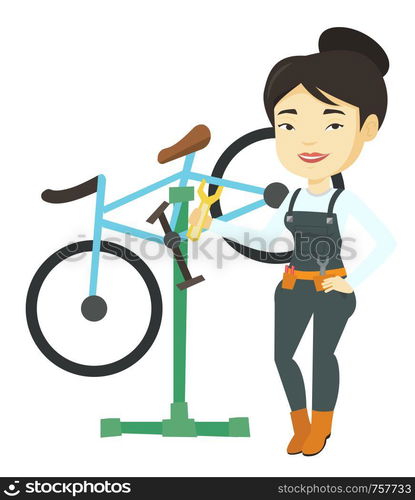 Woman working in bike workshop. Technician fixing bicycle in repair shop. Mechanic repairing bicycle. Woman installing spare part bike. Vector flat design illustration isolated on white background.. Asian bicycle mechanic working in repair shop.