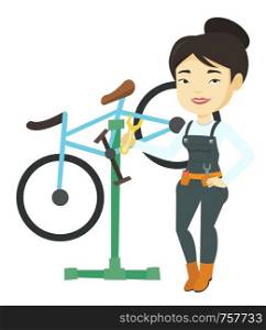 Woman working in bike workshop. Technician fixing bicycle in repair shop. Mechanic repairing bicycle. Woman installing spare part bike. Vector flat design illustration isolated on white background.. Asian bicycle mechanic working in repair shop.