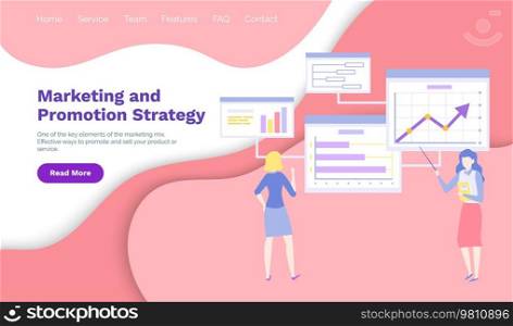 Woman working in digital media c&aign. Marketing and promotion strategy website. Employees analyze market statistics. Ladies advertising, promoting. Website for marketing analysis template. Concept for Digital marketing agency, digital media c&aign flat vector illustration with icons