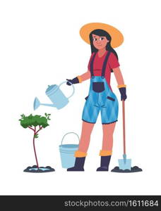 Woman working in garden. Cartoon young female planting and watering tree. Cute gardener with shovel and bucket. Isolated farmer taking care of shrubs. Growing plants, vector flat illustration. Woman working in garden. Cartoon young female planting and watering tree. Gardener with shovel and bucket. Isolated farmer taking care of shrubs. Growing plants, vector illustration