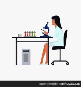 Woman working in laboratory with microscope in white robe. Vector illustration of icon with scientist working on experiment isolated on white background. Woman Working in Laboratory Vector Illustration