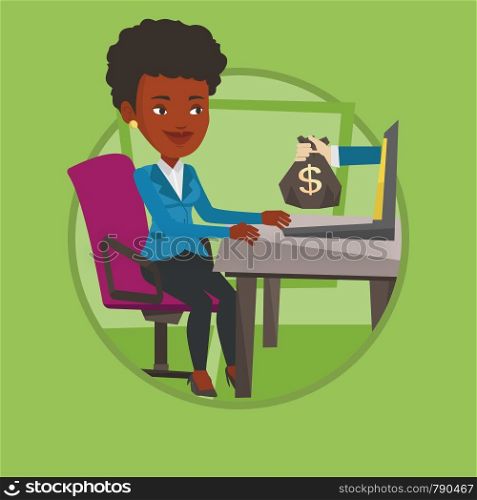 Woman working in office and bag of money coming out of laptop. Woman earning money from online business. Online business concept. Vector flat design illustration in the circle isolated on background.. Businesswoman earning money from online business.