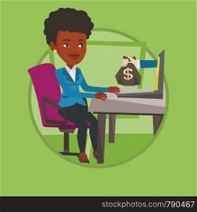 Woman working in office and bag of money coming out of laptop. Woman earning money from online business. Online business concept. Vector flat design illustration in the circle isolated on background.. Businesswoman earning money from online business.