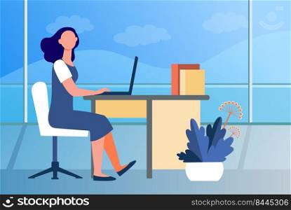 Woman working in office. Employee, worker, manager, interior flat vector illustration. Workplace, professional, business concept for banner, website design or landing web page