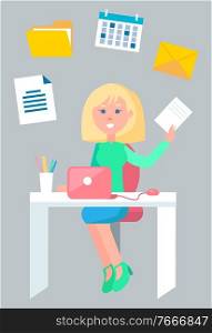 Woman working in office vector, character sitting by laptop with information. Calendar with boss appointment, mail letter with info and files with text. Secretary Working with Documents in Office Vector