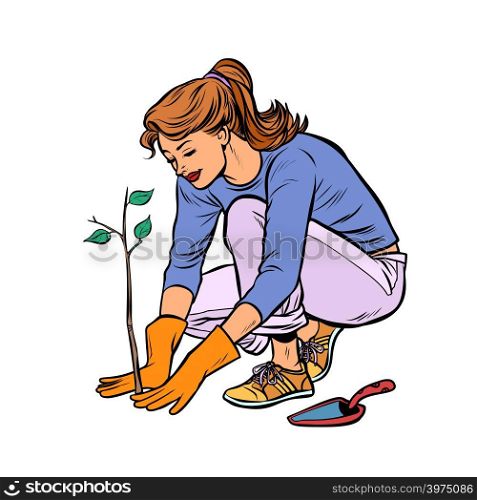 woman working in the garden, planting a seedling. Pop art retro vector illustration vintage kitsch. woman working in the garden, planting a seedling