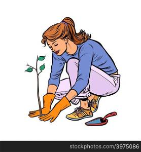 woman working in the garden, planting a seedling. Pop art retro vector illustration vintage kitsch. woman working in the garden, planting a seedling