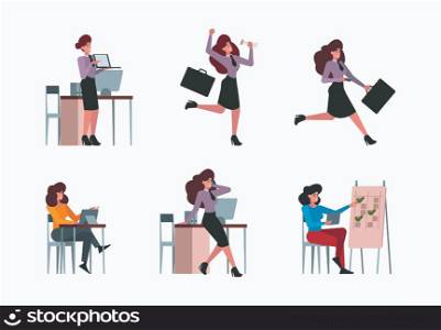 Woman working. Office managers female beautiful working with laptop freelancers workspace garish vector flat characters. Illustration of office business female, work manager. Woman working. Office managers female beautiful working with laptop freelancers workspace garish vector flat characters
