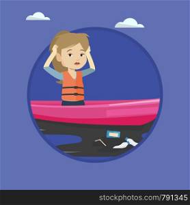 Woman working on boat to catch garbage out of water. Woman clutching head while looking at polluted water. Water pollution concept. Vector flat design illustration in the circle isolated on background. Woman floating in a boat in polluted water.
