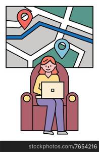 Woman working on computer at home. Lady sit on armchair and planning trip to some place. Street map on wall with way between two destination pointers. Vector illustration of navigation plan in flat. Woman Planning Trip, Urban Street Map on Wall