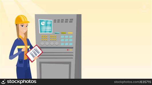 Woman working on control panel. Worker in hard hat pressing button at control panel. Engineer with clipboard standing in front of the control panel. Vector flat design illustration. Horizontal layout.. Engineer standing near control panel.