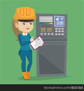 Woman working on control panel. Worker in hard hat pressing button at control panel. Engineer with clipboard standing in front of the control panel. Vector flat design illustration. Square layout.. Engineer standing near control panel.