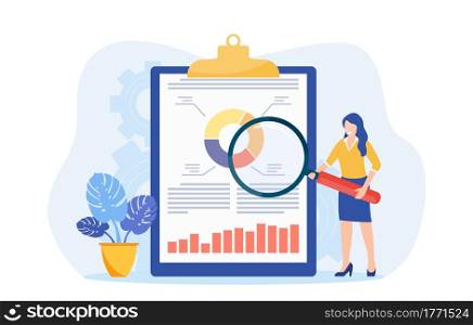 Woman working on data analysis and research, business workers with tools. Magnifying glass and cogwheel, clipboard. Vector illustration in flat style. Woman working on data analysis