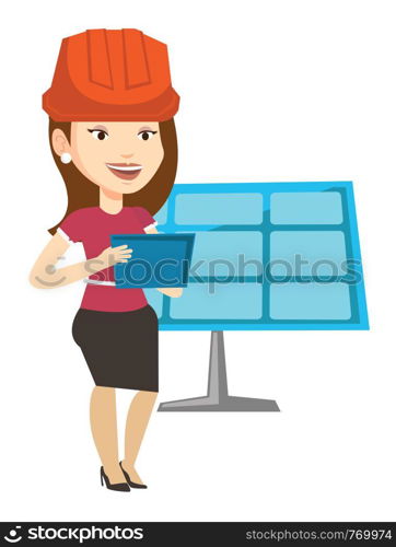 Woman working on digital tablet at solar power plant. Worker with tablet computer at solar power plant. Worker checking solar panel setup. Vector flat design illustration isolated on white background.. Female worker of solar power plant.