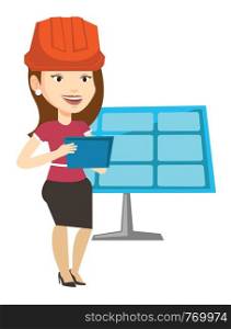 Woman working on digital tablet at solar power plant. Worker with tablet computer at solar power plant. Worker checking solar panel setup. Vector flat design illustration isolated on white background.. Female worker of solar power plant.