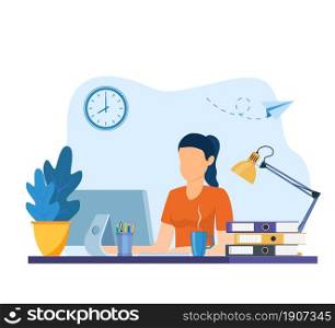 woman working on internet using laptop and drinking coffee. work at home. education or working concept. Table with books, lamp, coffee cup. Vector illustration in flat style. woman working on laptop